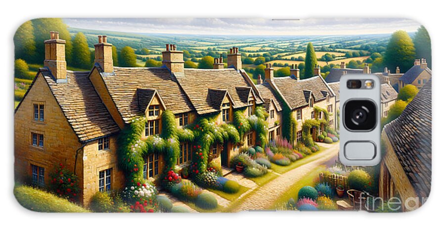 Panoramic Galaxy Case featuring the painting A rustic scene of vine-covered stone cottages in the Cotswolds, under a clear blue sky. by Jeff Creation