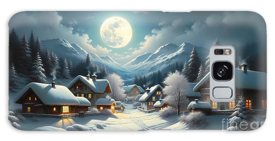 Snowy Galaxy Case featuring the painting A snowy moonlit night in a quiet alpine village by Jeff Creation