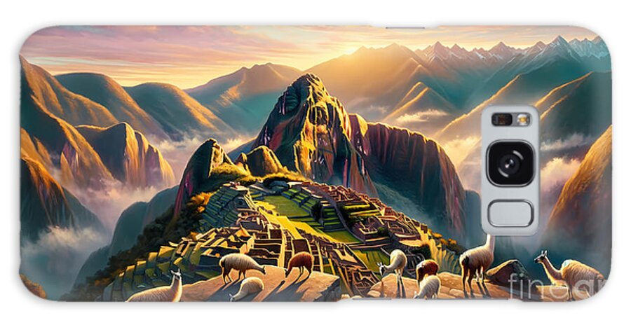 Machu-picchu Galaxy Case featuring the painting A view from the top of Machu Picchu at sunrise, with llamas grazing and the Andes in the distance by Jeff Creation
