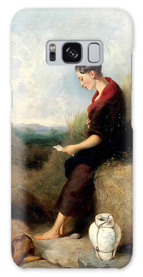 Paul Falconer Poole Galaxy Case featuring the painting A Young Girl Sitting on a Rock Reading a Letter by Circle of Paul Falconer Poole