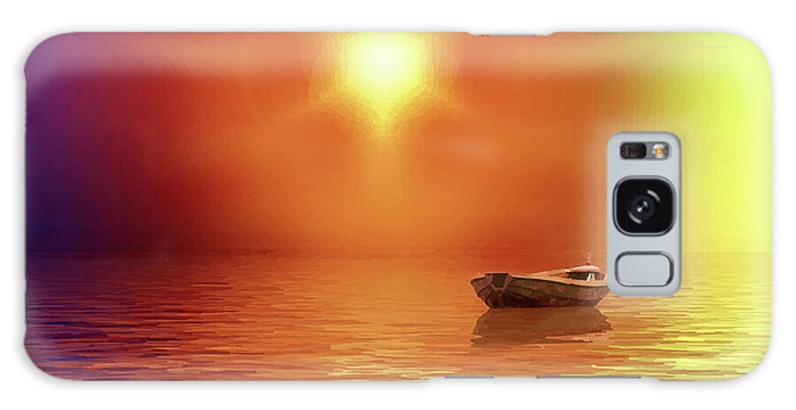 Adrift Galaxy Case featuring the digital art Adrift-Ocean Sunrise with Lonely Boat by Shelli Fitzpatrick