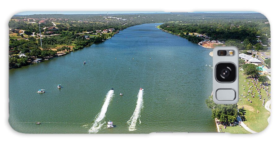 Marble Falls Powerboat Races Galaxy Case featuring the photograph Aerial view as Drag boats race across the starting line on Lake Marble Falls during the drag boat races at Lakefest in Marble Falls by Dan Herron