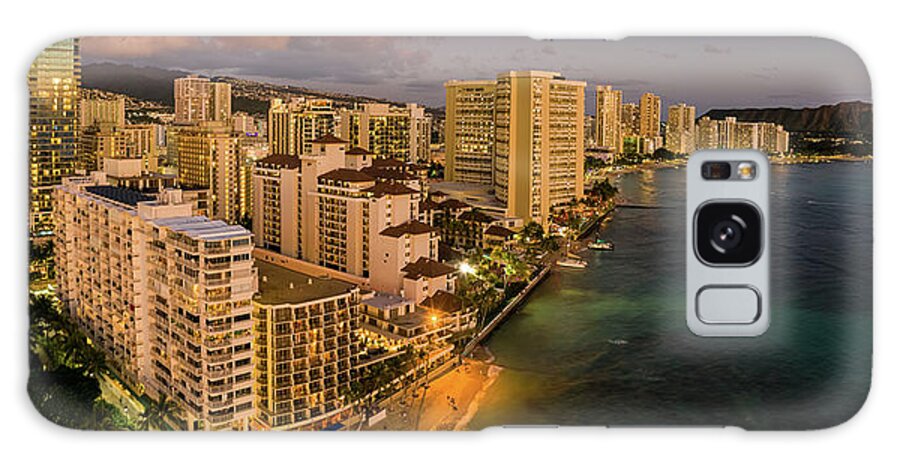 Aerial Galaxy Case featuring the photograph Aerial view of Waikiki beach at sunset by Steven Heap