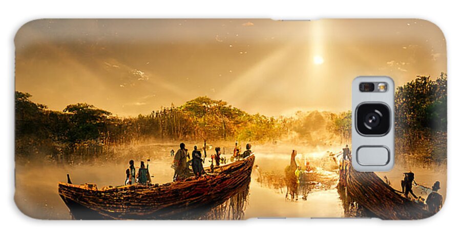 African Villagers In Dhow Boats Floating Over The Water  52f14fbc D4f1 4646 B5f4 D48f1da67116 Contemporary Galaxy Case featuring the painting African Villagers In Dhow Boats Floating Over The Water  52f14fbc D4f1 4646 B5f4 D48f1 by Celestial Images