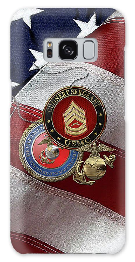 Military Insignia & Heraldry Collection By Serge Averbukh Galaxy Case featuring the digital art U.S. Marine Gunnery Sergeant - USMC GySgt Rank Insignia with Seal and EGA over American Flag by Serge Averbukh