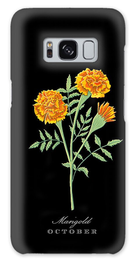 Marigold Galaxy Case featuring the painting Marigold October Birth Month Flower Botanical Print on Black - Art by Jen Montgomery by Jen Montgomery