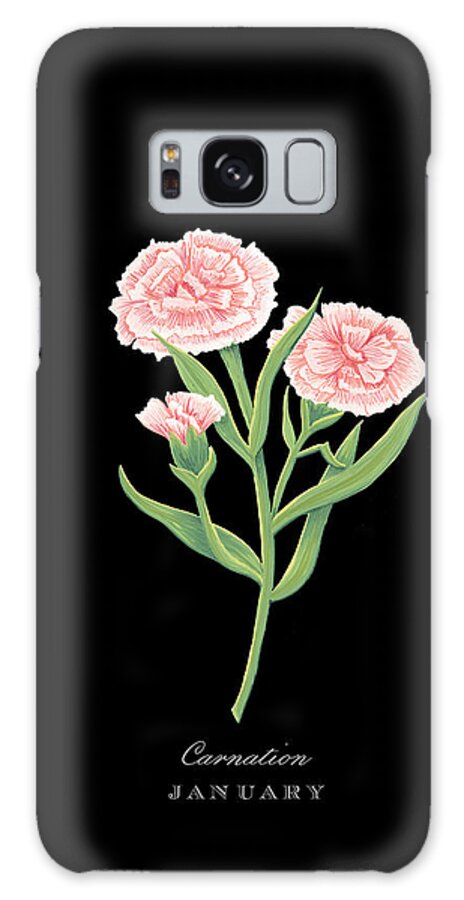 Carnation Galaxy Case featuring the painting Carnation January Birth Month Flower Botanical Print on Black - Art by Jen Montgomery by Jen Montgomery