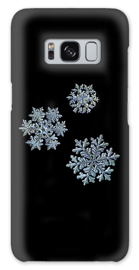 Snowflake Galaxy Case featuring the photograph Three snowflakes on black background - 2 by Alexey Kljatov