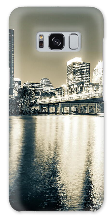 Austin Skyline Galaxy Case featuring the photograph Austin Texas City Skyline Over The River - Sepia Monochrome by Gregory Ballos