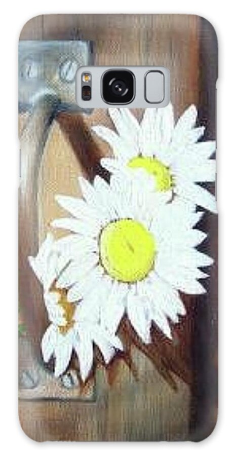 Rustic Barn Door With Metal Latch And Three White Daisies Galaxy Case featuring the painting Barn Door Daisies SOLD by Susan Dehlinger