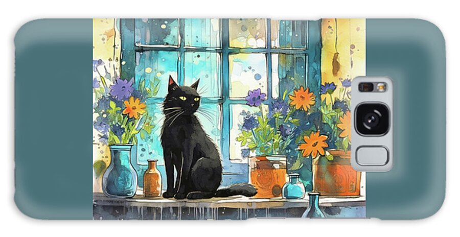 Black Cat Galaxy Case featuring the painting Black Cat In The Window by Tina LeCour