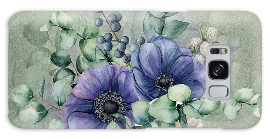 Red Flowers Galaxy Case featuring the digital art Blue Anemone and Eucalyptus by J Marielle