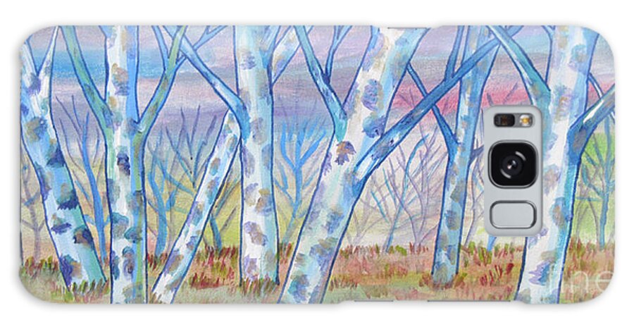 Birch Tree Trees Abstract Landscape Blue Lobby Pillow Cushion Decor Mixed Media Nice Galaxy Case featuring the painting Blue Birch Tree Stand by Bradley Boug