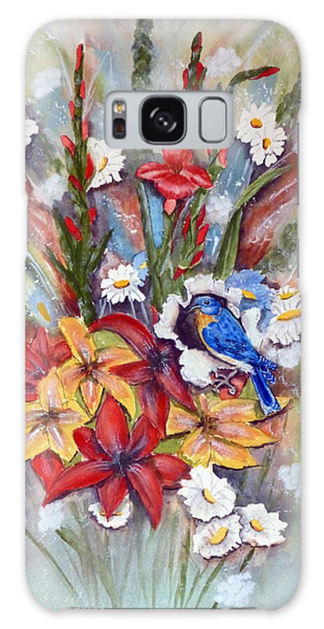 Floral Galaxy Case featuring the painting Blue Bird Eats thru the Painting by Kelly Mills