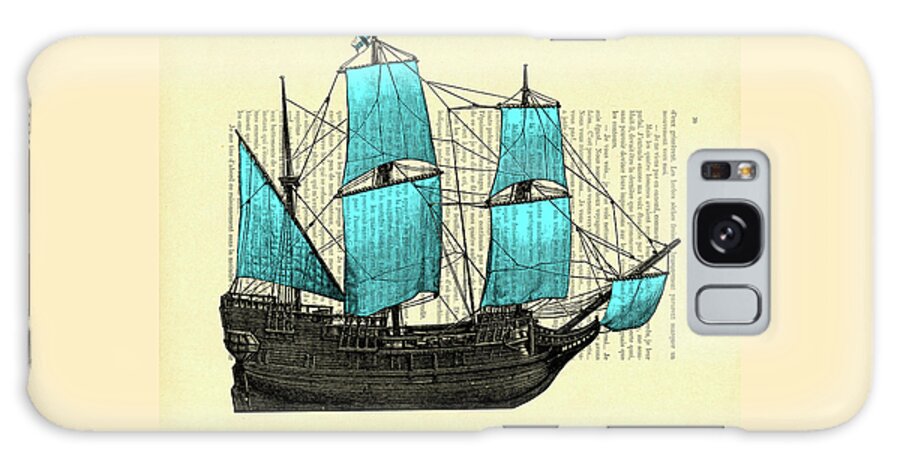 Sailing Ship Galaxy Case featuring the mixed media Blue Sailing Ship by Madame Memento
