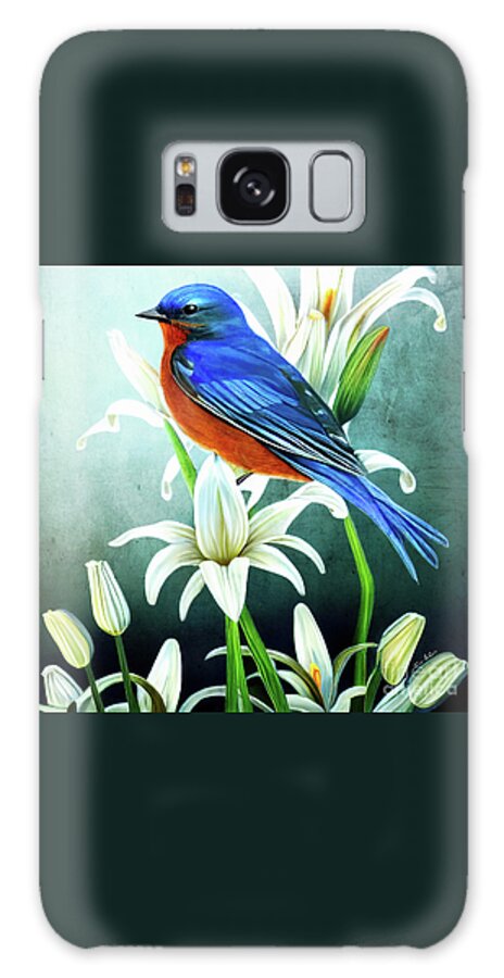 Eastern Bluebird Galaxy Case featuring the painting Bluebird In The Lilies by Tina LeCour