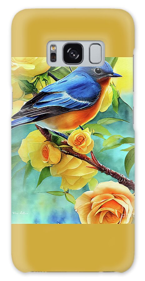 Eastern Bluebird Galaxy Case featuring the painting Bluebird In The Yellow Roses by Tina LeCour