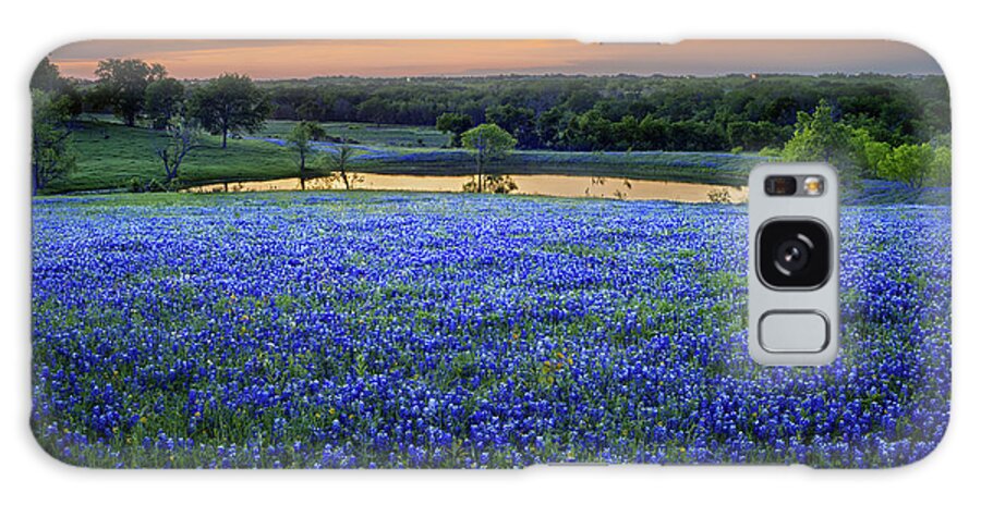 Texas Bluebonnets Galaxy Case featuring the photograph Bluebonnet Lake Vista Texas Sunset - Wildflowers landscape flowers pond by Jon Holiday