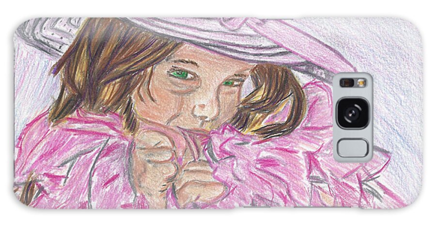 Boa Galaxy Case featuring the drawing Boa Baby Colored Pencil Drawing of a Young Girl wearing a White Hat and Pink Feathery Boa by Ali Baucom