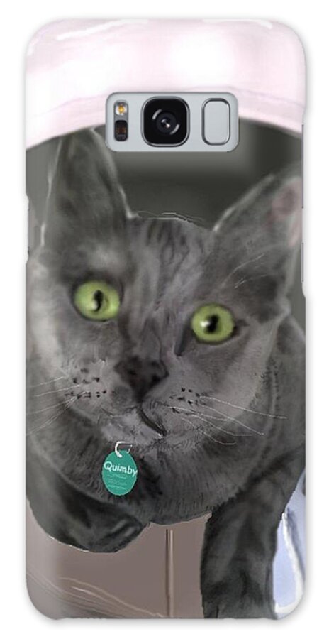Grey Cat Cat In Tunnel Pencil Sketch Digitally Enhanced Galaxy Case featuring the mixed media Bright eyes by Pamela Calhoun