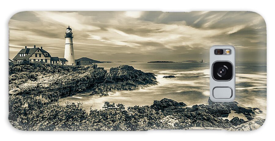 Portland Head Light Galaxy Case featuring the photograph Cape Elizabeth and Portland Head Light in Sepia by Gregory Ballos