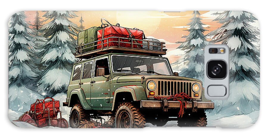 Vehicles Galaxy Case featuring the painting Car 753 Vehicles Jeep Cherokee vintage with a Christmas tree and some Christmas gifts by Clark Leffler