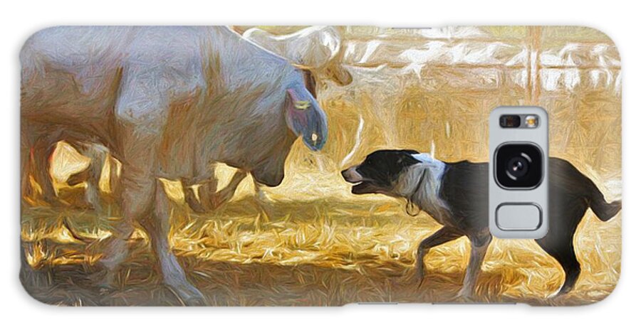 Farm Scene Galaxy Case featuring the mixed media Cattle Dog Challenging Brahman Cow by Joan Stratton