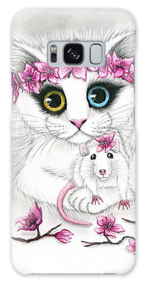 Cherry Blossoms Galaxy Case featuring the drawing Cherry Blossoms - White Cat and Rat Chinese New Year by Carrie Hawks