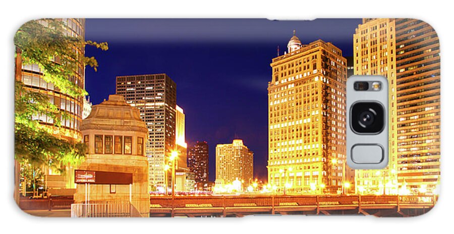 Chicago Skyline Galaxy Case featuring the photograph Chicago Skyline River Bridge Night by Patrick Malon