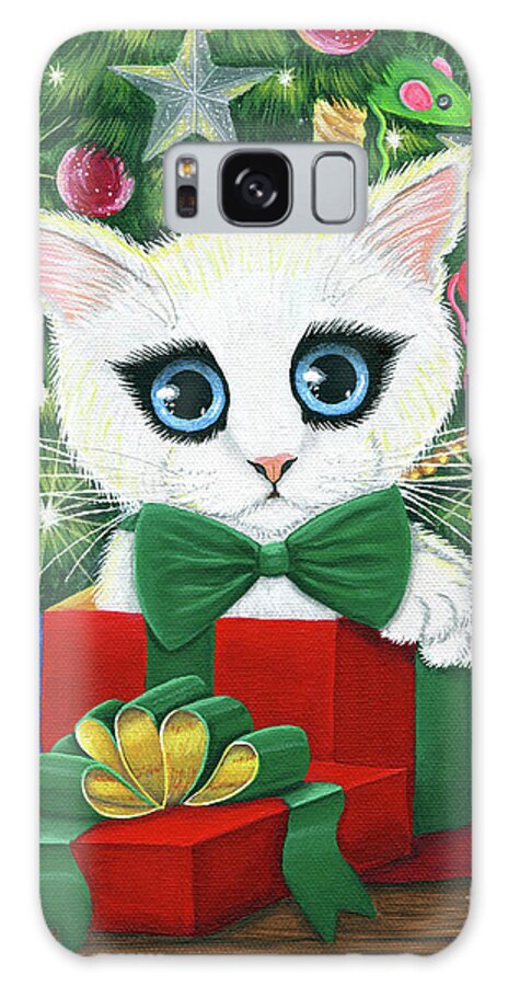 Christmas Cat Galaxy Case featuring the painting Christmas Kitten Boy - White Cat Present by Carrie Hawks