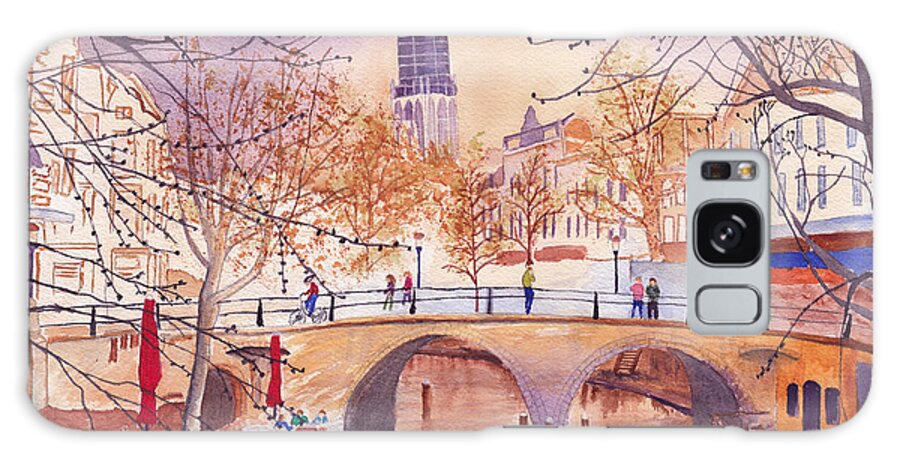Golden Hour Galaxy Case featuring the painting City Scene with Canal and Bridge in the Golden Hour by Conni Schaftenaar
