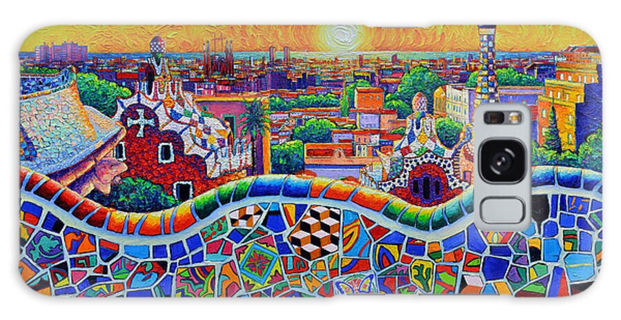 Barcelona Galaxy Case featuring the painting COLORFUL BARCELONA PANORAMA PARK GUELL MAGICAL SUNRISE impasto knife oil painting Ana Maria Edulescu by Ana Maria Edulescu