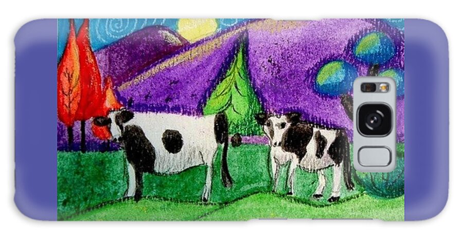 Whimsical Cow Painting Galaxy Case featuring the painting Cows Under The Moon by Monica Resinger