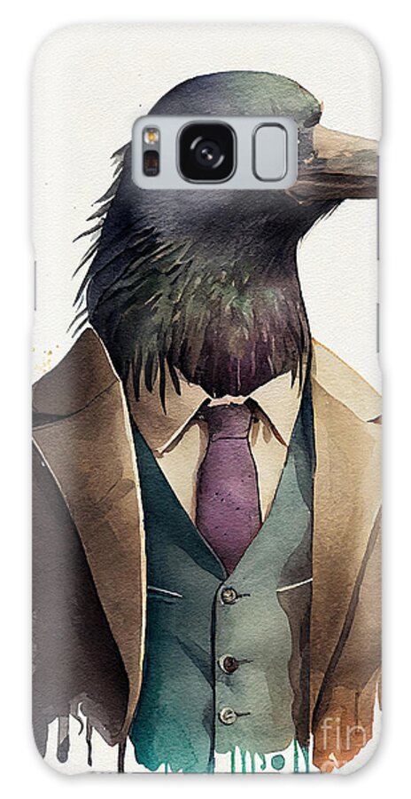 Crow Galaxy Case featuring the painting Crow in Suit Watercolor Hipster Animal Retro Costume by Jeff Creation