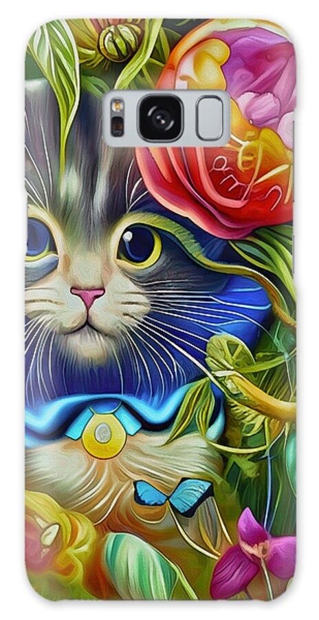 Cute Cat Galaxy Case featuring the mixed media Cute Cat in the Peonies by Ann Leech