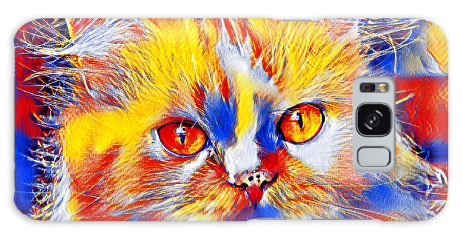 Persian Cat Galaxy Case featuring the digital art Cute colorful Persian cat in blue, red and yellow by Nicko Prints