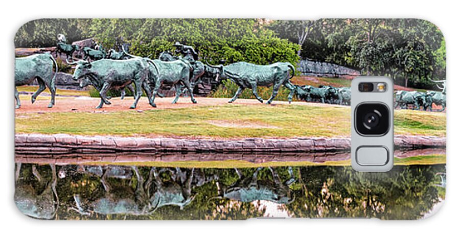 Dallas Texas Galaxy Case featuring the photograph Dallas Texas Longhorn Cattle Drive Sculptures Panorama by Gregory Ballos