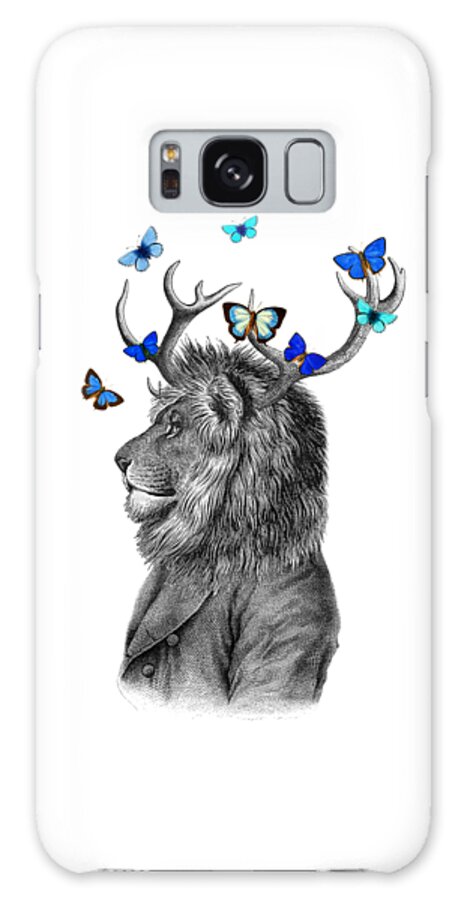 Lion Galaxy Case featuring the digital art Dandy lion with antlers and blue butterflies by Madame Memento
