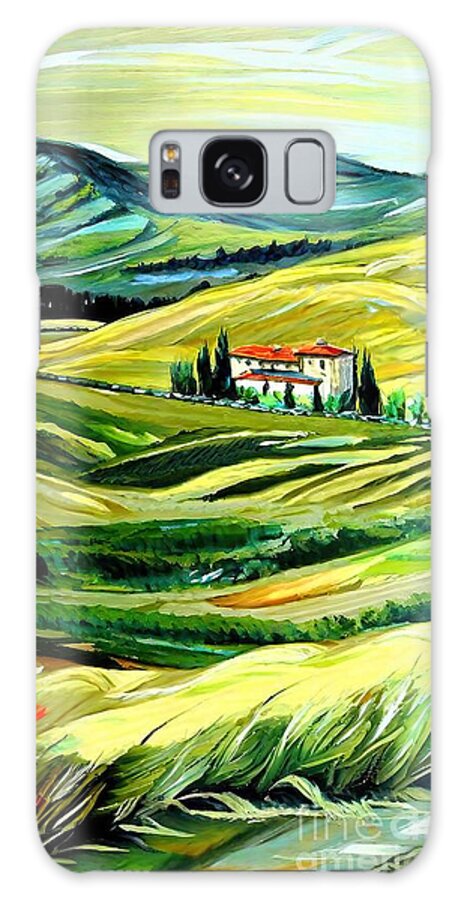 Red Galaxy Case featuring the painting Del Monti E Colline Toscane Painting red blue yellow italy tuscany contemporary art countryside italian artist green landscape mountains agriculture country countryside cypress europe farm field by N Akkash