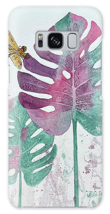 Monstera Galaxy Case featuring the painting Dragonfly and Monstera Leaves by Hilda Vandergriff