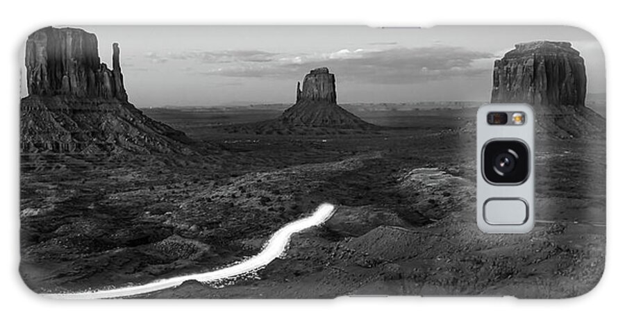 Monument Valley Galaxy Case featuring the photograph Driving Through Monument Valley at Dusk - Black and White Panorama by Gregory Ballos