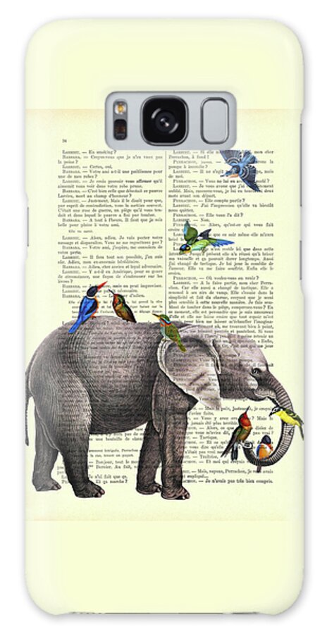 Elephant Galaxy Case featuring the digital art Elephant and birds antique illustration by Madame Memento