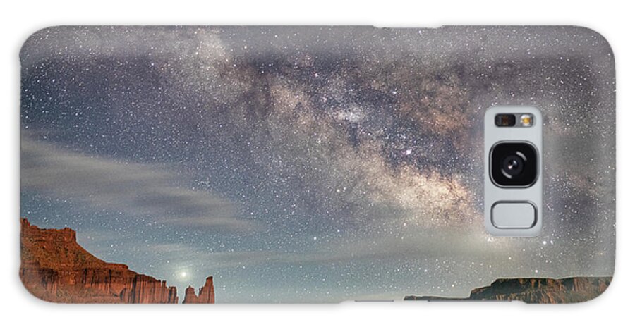 Moab Utah Desert Colorado Plateau Milky Way Night Professor Valley Castle Valley Galaxy Case featuring the photograph Fisher Towers and the Milky Way by Dan Norris