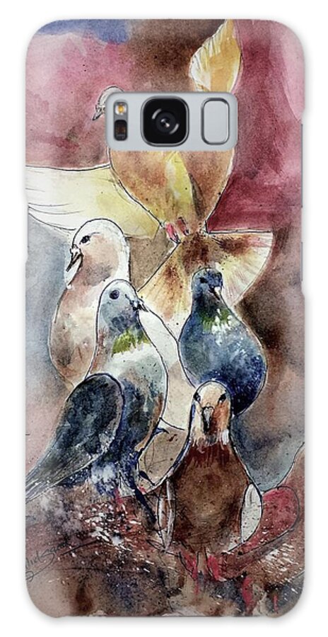Pigeon Galaxy Case featuring the painting Flock of pigeons by Khalid Saeed