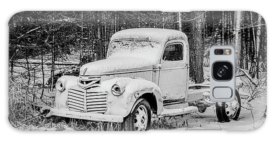 #fine Art Photograph #black And White Photograph #abandoned #wisconsin #old #antique #woods #forest #trees #shadows #history #old Parts #ford Truck #ford Automobile #walk In The Woods #afternoon Walk #afternoon Light #highlights #wall Decor #wall Art Galaxy Case featuring the photograph Frosted truck by David Heilman