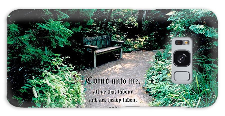 Bench Galaxy Case featuring the photograph Garden Hideaway Matthew 11vs28 by Mike McBrayer
