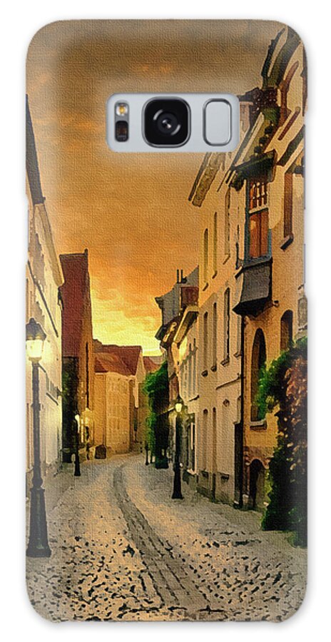 Ghent Galaxy Case featuring the digital art Ghent, Belgium Sunset Street Scene, Dry Brush on Canvas by Ron Long Ltd Photography