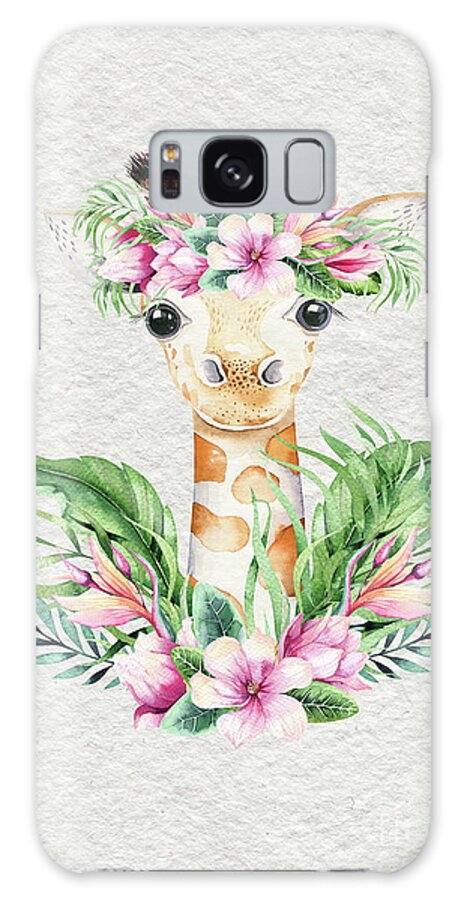 Giraffe Galaxy Case featuring the painting Giraffe With Flowers by Nursery Art