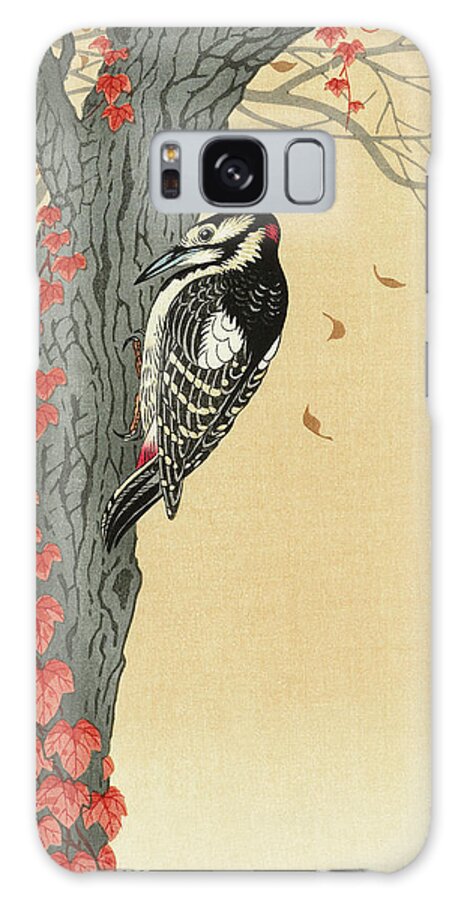 Bird Galaxy Case featuring the painting Great spotted woodpecker in tree with red ivy by Ohara Koson