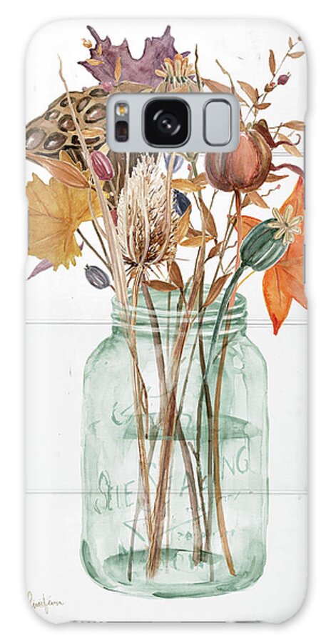 Multicolored Autumn Fall Leaves Mason Jar Ship Lap Farmhouse Floral Still Life Seed Pods Galaxy Case featuring the painting Harvest Home Seed Pods by Carol Robinson
